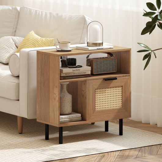 Accent Side End Table with Storage Shelf and Cabinet for Small Space-Natural