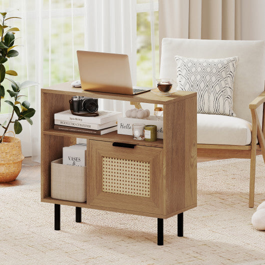 Accent Side End Table with Storage Shelf and Cabinet for Small Space-Natural W2B