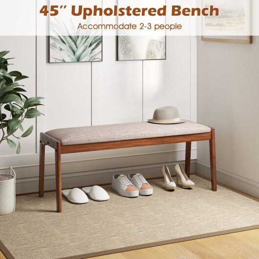 45 Inch Farmhouse Backless Bench with Rubber Wood Legs and Fabric Padded Seat-Beige W2B
