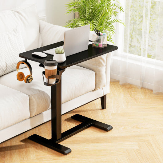 Mobile Standing Desk Height Adjustable Overbed Bedside Table with Cup Holder-Black W2B