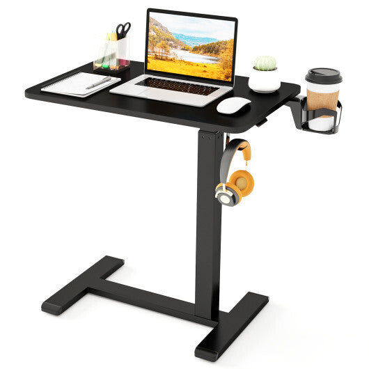 Mobile Standing Desk Height Adjustable Overbed Bedside Table with Cup Holder-Black W2B