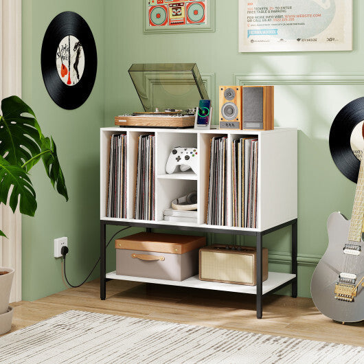 Record Player Stand with Charging Station and Metal Frame-White W2B
