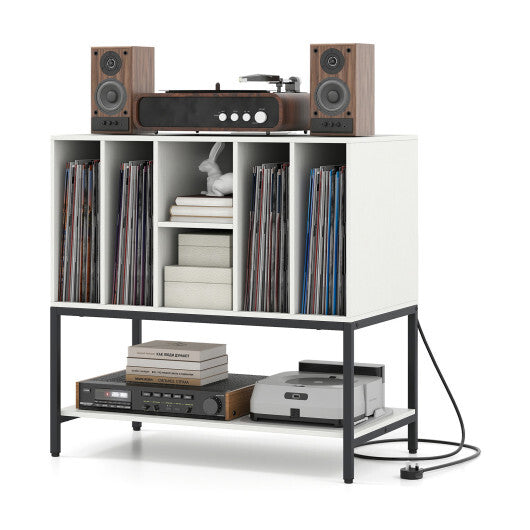 Record Player Stand with Charging Station and Metal Frame-White W2B