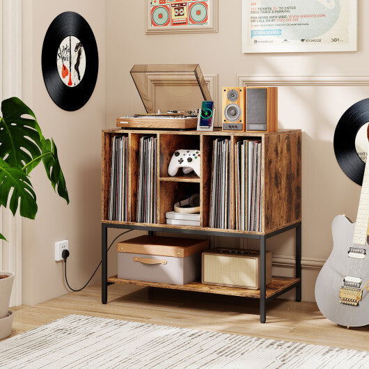 Record Player Stand with Charging Station and Metal Frame-White W2B