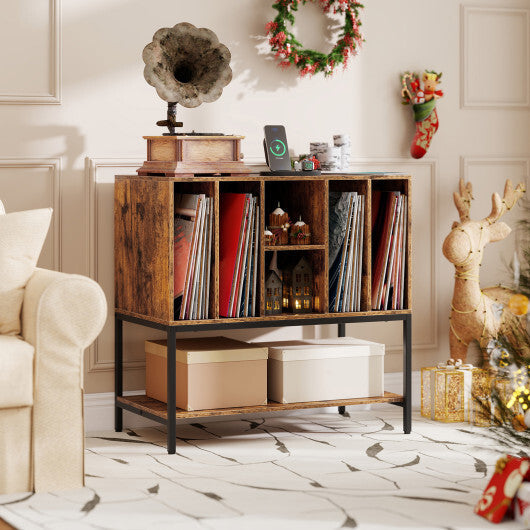 Record Player Stand with Charging Station and Metal Frame-White W2B