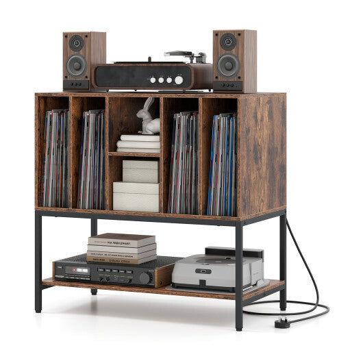 Record Player Stand with Charging Station and Metal Frame-White W2B