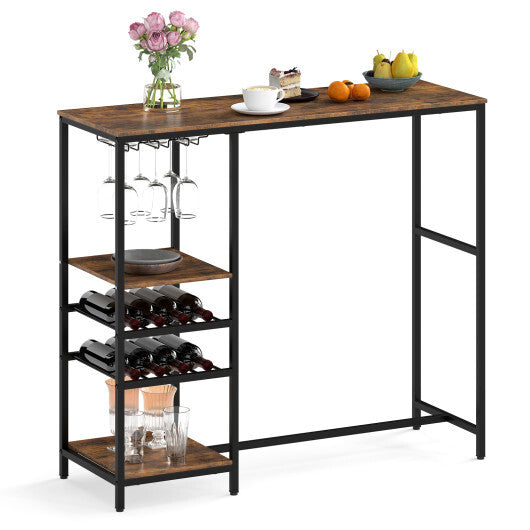 Long Bar Table Bar Height Dining Table with Storage Shelves-Rustic Brown W2B