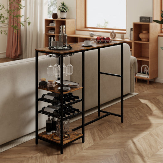Long Bar Table Bar Height Dining Table with Storage Shelves-Rustic Brown W2B