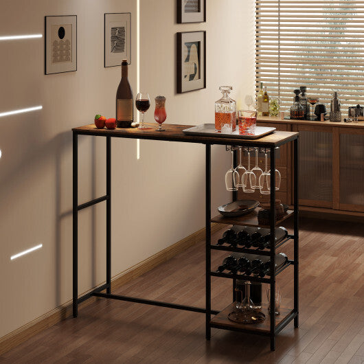 Long Bar Table Bar Height Dining Table with Storage Shelves-Rustic Brown W2B