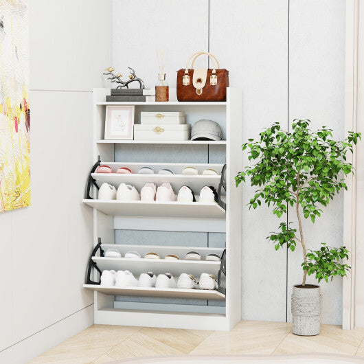 Shoe Storage Cabinet Hidden Shoe Rack with 2 Flip Drawers Adjustable and Removable Shelves-White W2B
