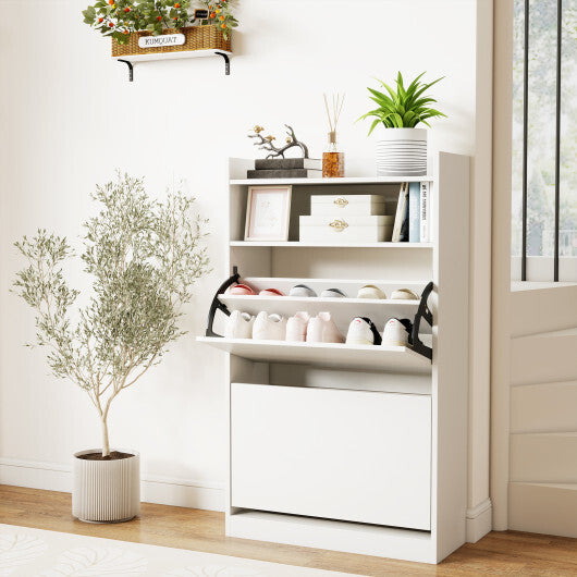 Shoe Storage Cabinet Hidden Shoe Rack with 2 Flip Drawers Adjustable and Removable Shelves-White