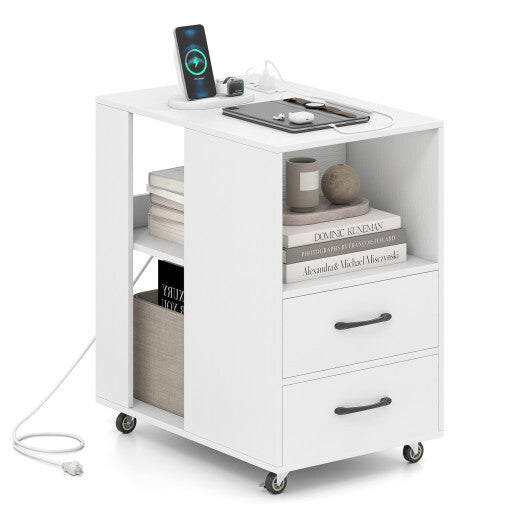 End Table with Built-in Charging Station Sofa Side Bedside Table on Wheels-White