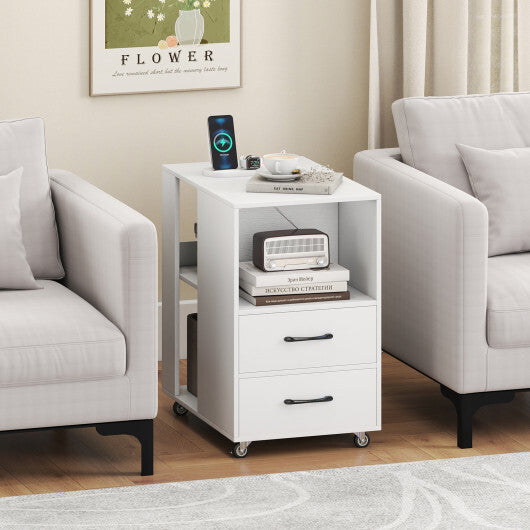 End Table with Built-in Charging Station Sofa Side Bedside Table on Wheels-White