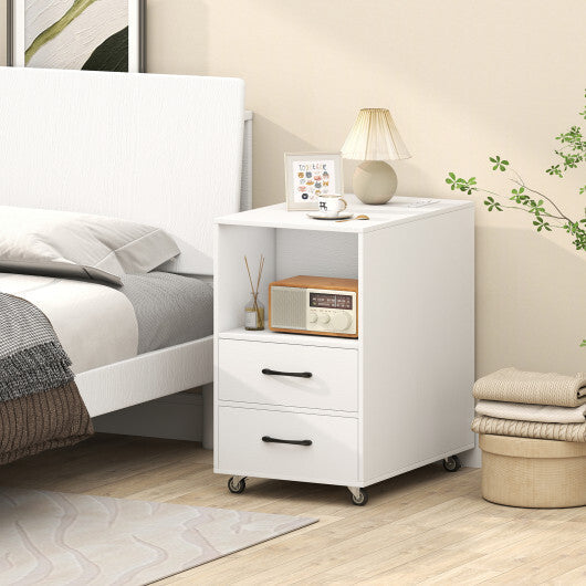 End Table with Built-in Charging Station Sofa Side Bedside Table on Wheels-White W2B