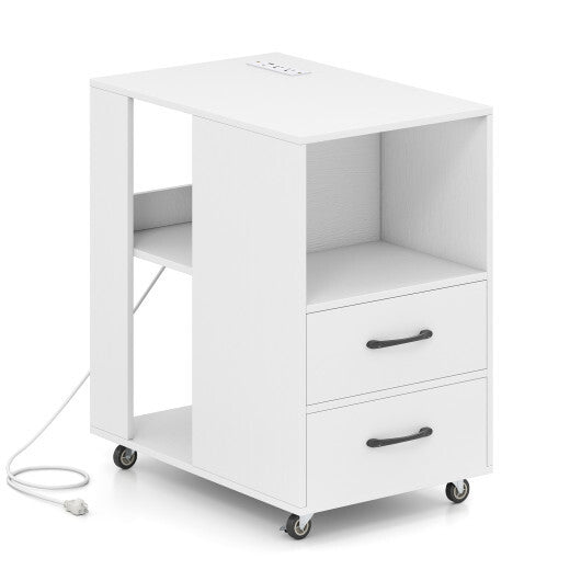 End Table with Built-in Charging Station Sofa Side Bedside Table on Wheels-White W2B