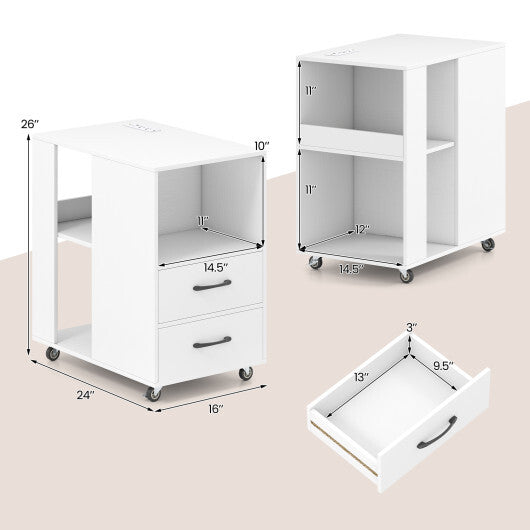 End Table with Built-in Charging Station Sofa Side Bedside Table on Wheels-White W2B