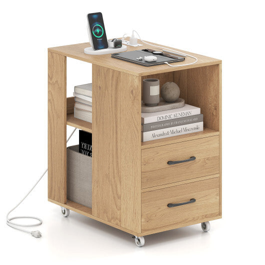 End Table with Built-in Charging Station Sofa Side Bedside Table on Wheels-White W2B