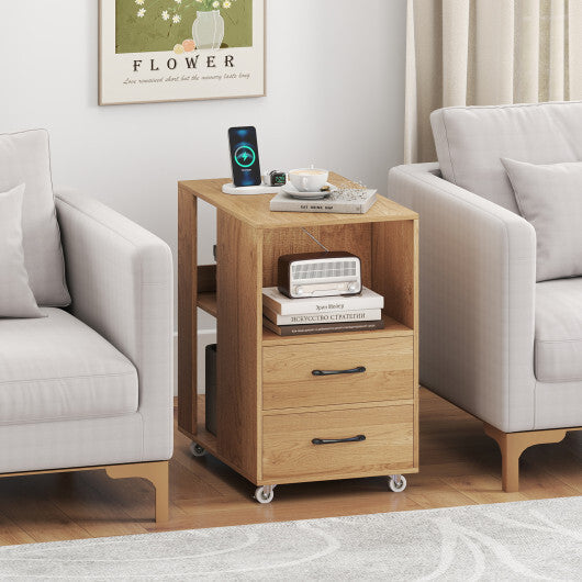 End Table with Built-in Charging Station Sofa Side Bedside Table on Wheels-White W2B