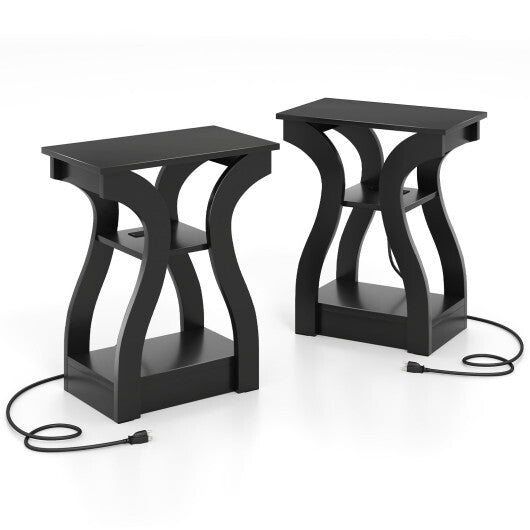 3-Tier End Tables with Charging Station Set of 2 with Open Storage Shelves-Cherry W2B