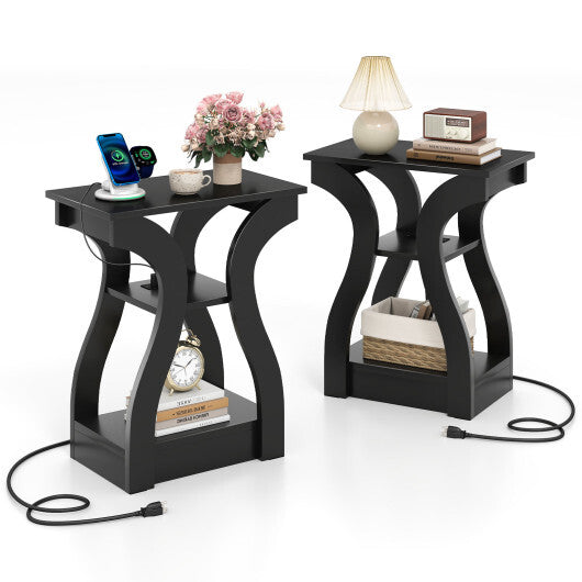 3-Tier End Tables with Charging Station Set of 2 with Open Storage Shelves-Cherry W2B