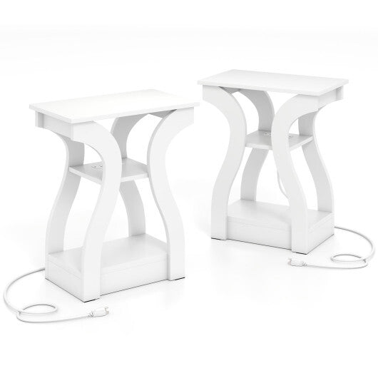 3-Tier End Tables with Charging Station Set of 2 with Open Storage Shelves-Cherry W2B
