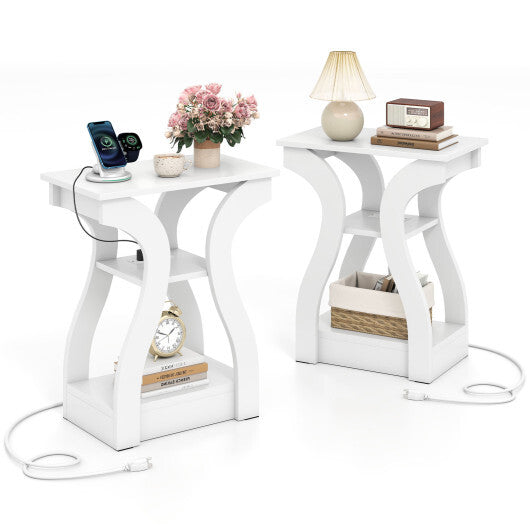 3-Tier End Tables with Charging Station Set of 2 with Open Storage Shelves-Cherry W2B