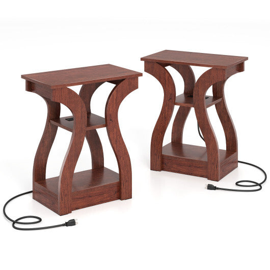 3-Tier End Tables with Charging Station Set of 2 with Open Storage Shelves-Cherry W2B