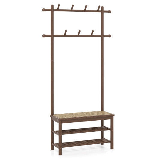 Bamboo Coat Rack PE Rattan Hall Tree with Bench and Shoe Storage 3-In-1 Entryway Bench-Brown