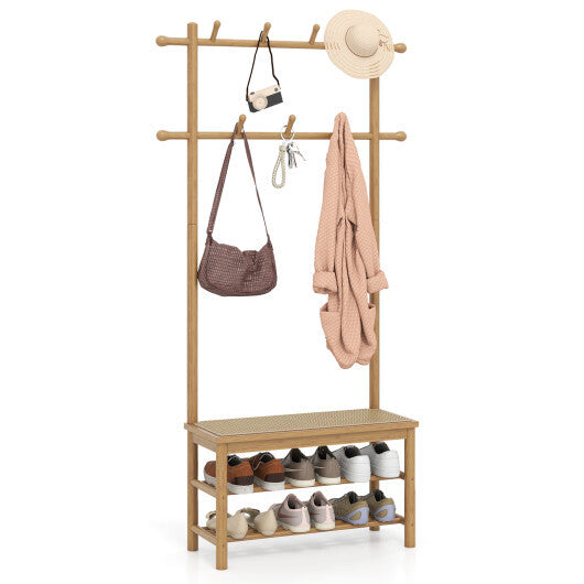 Bamboo Coat Rack PE Rattan Hall Tree with Bench and Shoe Storage 3-In-1 Entryway Bench-Brown