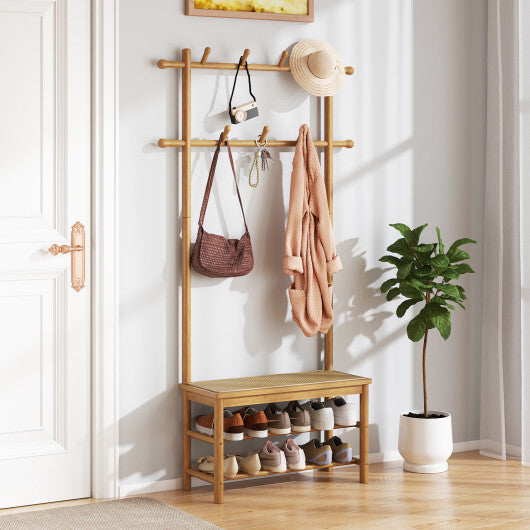 Bamboo Coat Rack PE Rattan Hall Tree with Bench and Shoe Storage 3-In-1 Entryway Bench-Brown