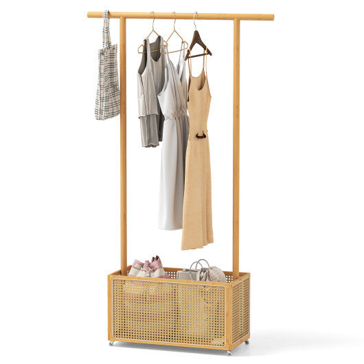 Bamboo Clothes Rack with Rattan Storage Basket and Wheels-Natural