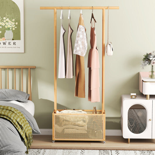 Bamboo Clothes Rack with Rattan Storage Basket and Wheels-Natural