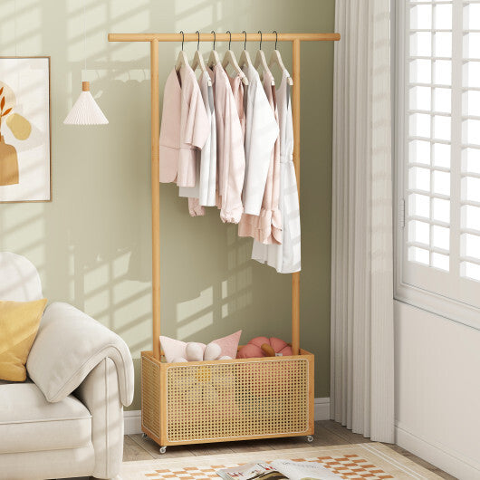 Bamboo Clothes Rack with Rattan Storage Basket and Wheels-Natural