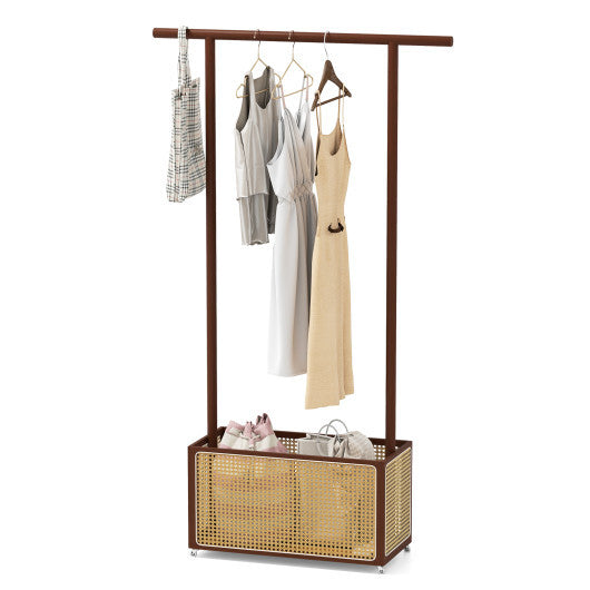 Bamboo Clothes Rack with Rattan Storage Basket and Wheels-Natural