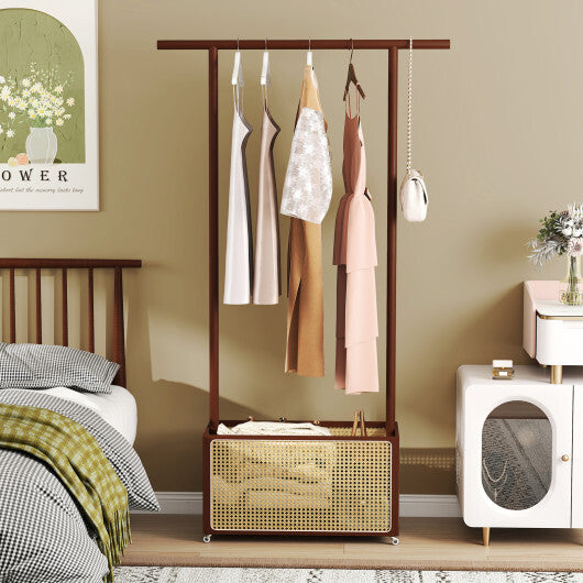 Bamboo Clothes Rack with Rattan Storage Basket and Wheels-Natural