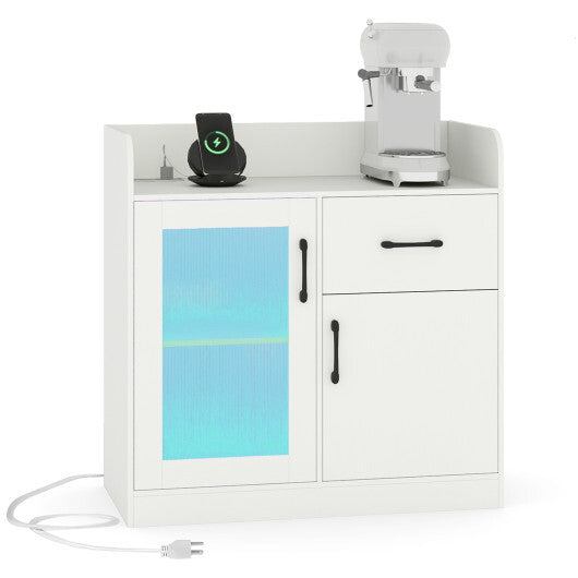 LED Buffet Sideboard with Charging Station with Drawer and Translucent Fluted Door-White