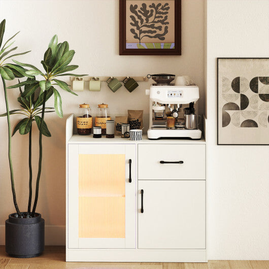 LED Buffet Sideboard with Charging Station with Drawer and Translucent Fluted Door-White W2B