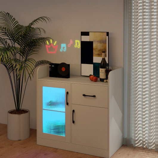 LED Buffet Sideboard with Charging Station with Drawer and Translucent Fluted Door-White W2B