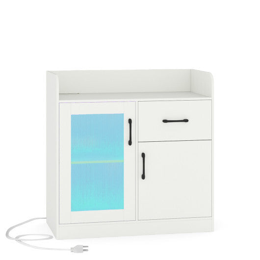LED Buffet Sideboard with Charging Station with Drawer and Translucent Fluted Door-White W2B