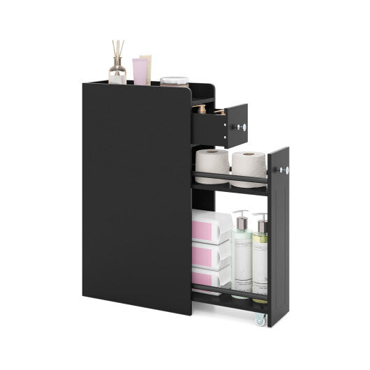 Small Bathroom Storage Cabinet 4-Tier with Slide Out Drawers on Casters-Black W2B
