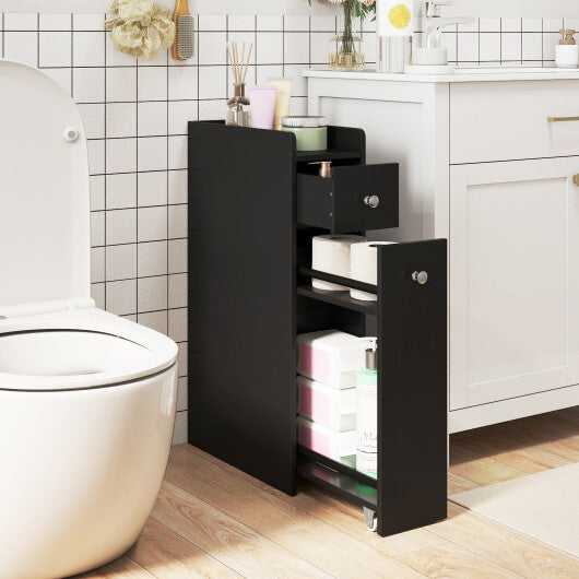 Small Bathroom Storage Cabinet 4-Tier with Slide Out Drawers on Casters-Black W2B