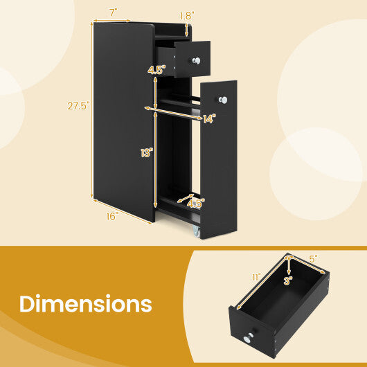 Small Bathroom Storage Cabinet 4-Tier with Slide Out Drawers on Casters-Black W2B