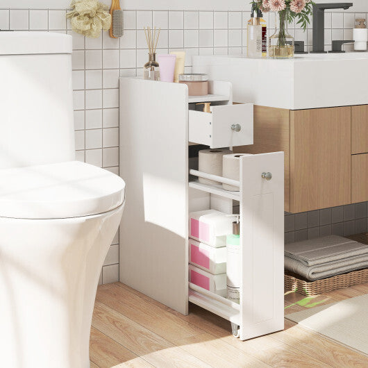 Small Bathroom Storage Cabinet 4-Tier with Slide Out Drawers on Casters-Black W2B