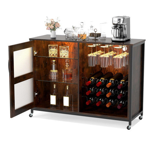 Wine Bar Cabinet with LED Light and Adjustable Shelves-Rustic Brown