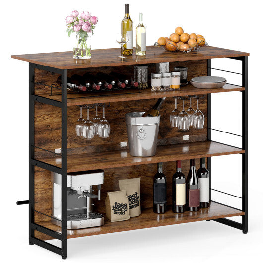 4-Tier Mini Bar Kitchen Island with Footrest and Wine Rack-Coffee W2B