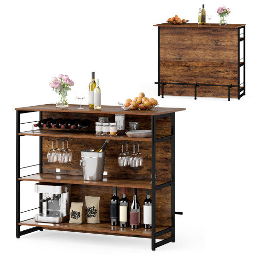 4-Tier Mini Bar Kitchen Island with Footrest and Wine Rack-Coffee W2B
