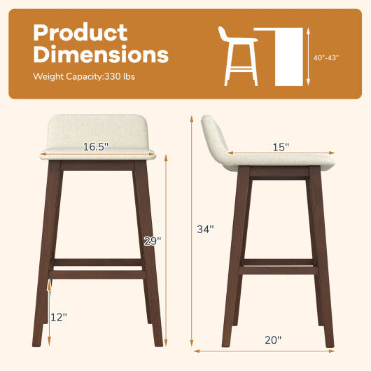29 Inch Low-Back High-Top Chairs with Padded Seat and Rubber Wood Legs-White W2B