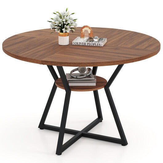 47" Round Dining Table for 4 with Storage Shelf-Brown