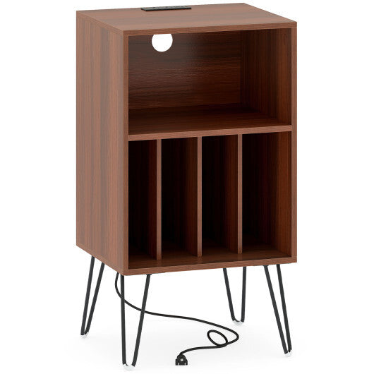 Record Player Stand with Charging Station Turntable Stand with Vinyl Storage-Walnut
