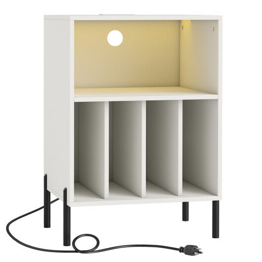 Record Player Stand with LED Light and Charging Station-White